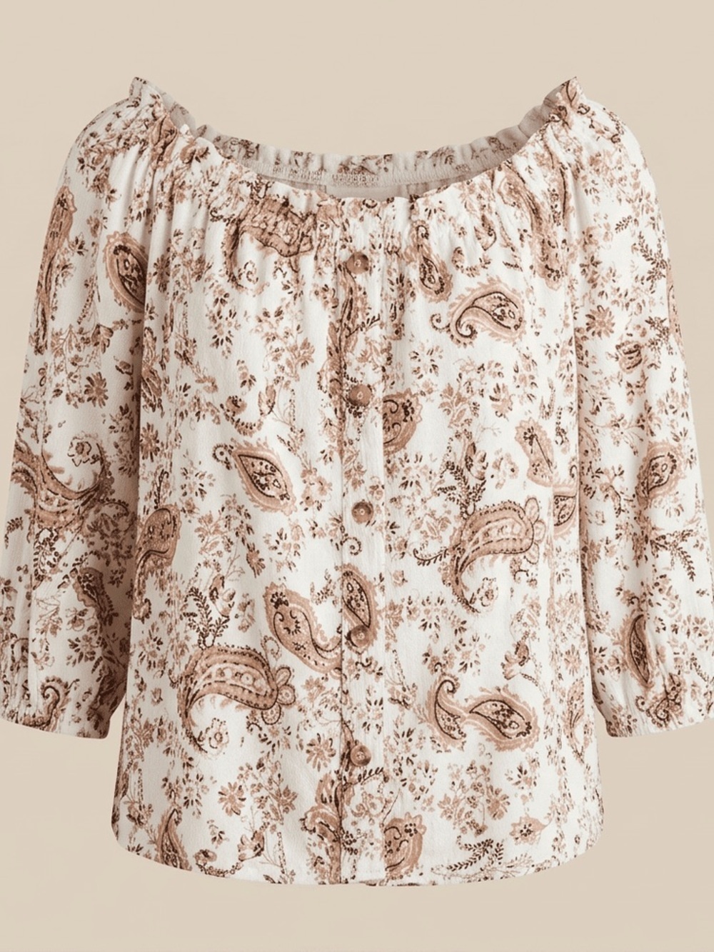 Melloday Off Shoulder Blouse M Paisley Boho Long Sleeve Ruffle Beige Pullover